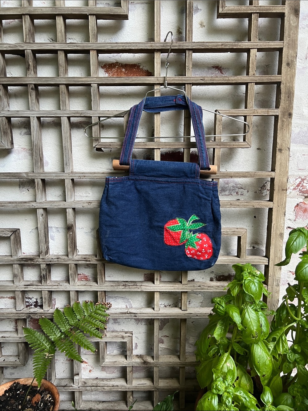 Vintage 70s Handmade Patchwork Reversible Strawberry Cottage Core Jean Purse Bag
